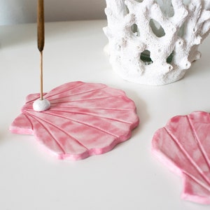 Scallop shell incense stick holder, made from air dry clay, ocean beach themed, painted with pink watercolour, varnished image 7