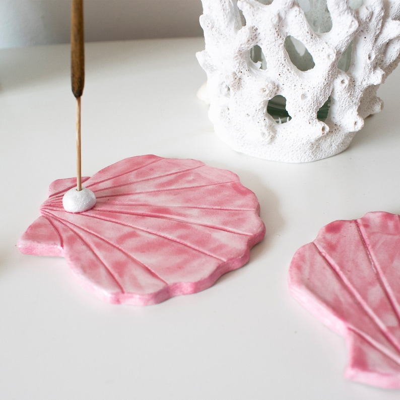 Scallop shell incense stick holder, made from air dry clay, ocean beach themed, painted with pink watercolour, varnished image 7