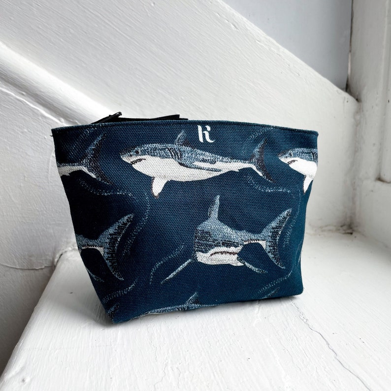Mini Soft Pouch Great White Shark Orca Whale, 100% Organic Cotton, Handmade, Makeup Bag, Recycled Plastic Waterproof Lining image 1