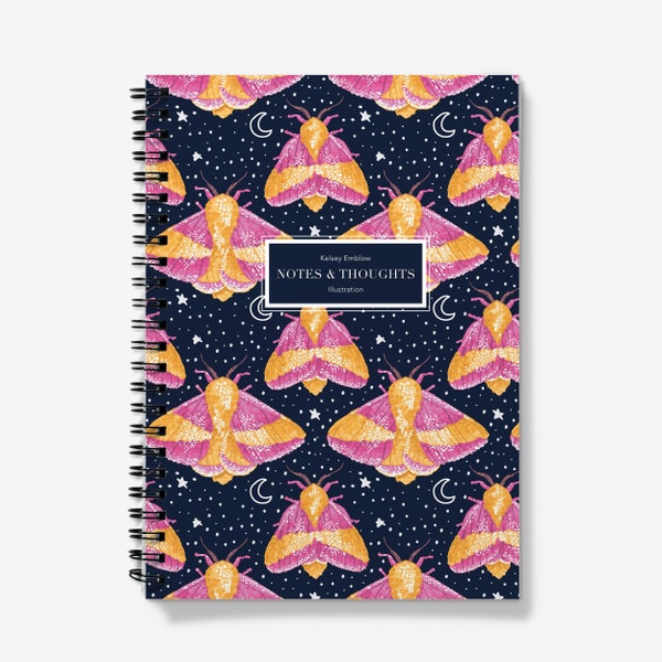 Personalised A5 Spiral Notebook, Rosy Maple Moth Journal, Lined or Graph, Pink Moth Stationery, Sustainably sourced paper, Gift Moth Lover