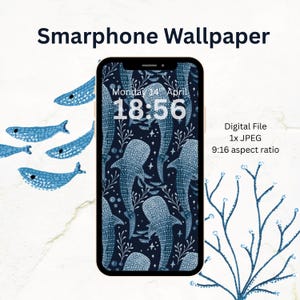 Sfondo per telefono "Squalo balena", download digitale, sfondo nautico, vita marina, rapporto blu 9:16, sotto il mare