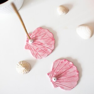 Scallop shell incense stick holder, made from air dry clay, ocean beach themed, painted with pink watercolour, varnished image 6