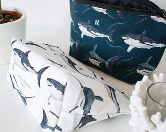 Personalised Shark patterned pouch - handmade makeup pouch featuring my original pattern of a great white shark with a waterproof lining