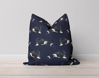 Orca Whale Cushion Cover - Handmade with cotton featuring my original killer whale pattern, envelope fold, for chair, bed or sofa 40 x 40 cm