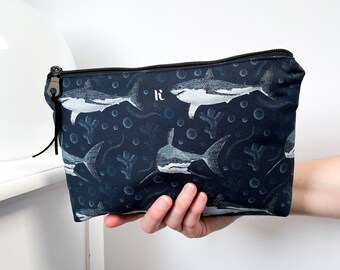 Shark patterned pouch, Personalised Charm, Ocean Life Pencil Case, Blue or White Makeup Pouch, Organic Cotton Accessories, Waterproof Lining