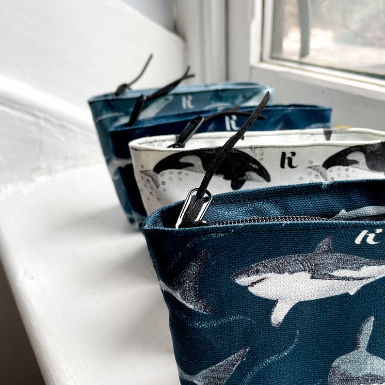 Mini Soft Pouch Great White Shark Orca Whale, 100% Organic Cotton, Handmade, Makeup Bag, Recycled Plastic Waterproof Lining image 2