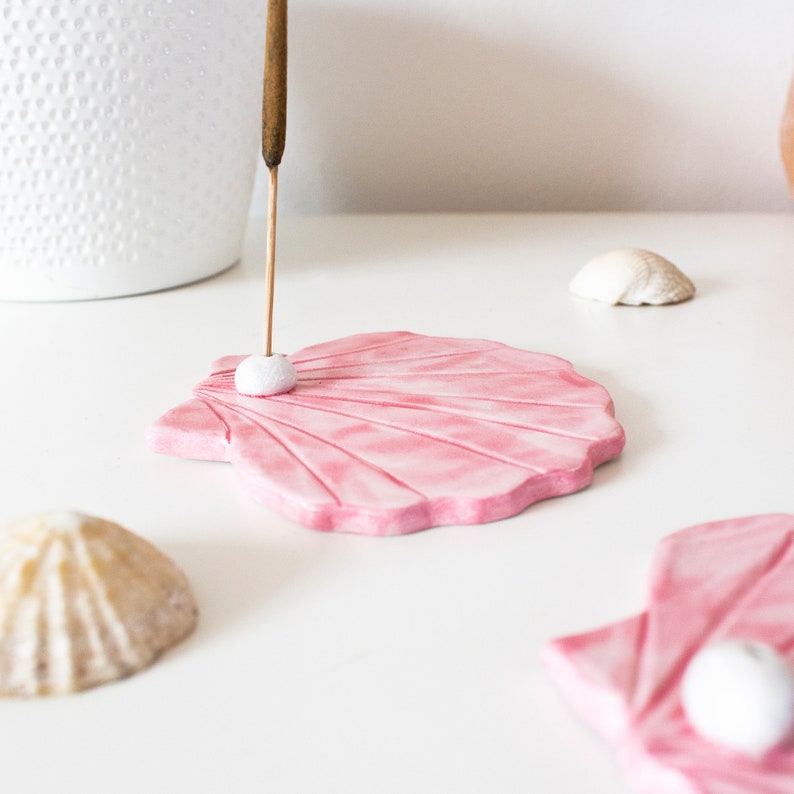 Scallop shell incense stick holder, made from air dry clay, ocean beach themed, painted with pink watercolour, varnished image 1