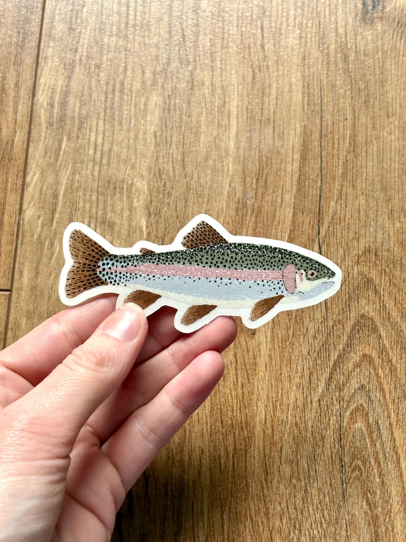 May include: A colorful embroidered patch of a rainbow trout. The fish features shades of brown, green, pink, and blue, with detailed scales and fins. The patch is held by a hand against a wooden background, showcasing the patch's design.