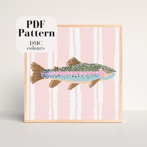 May include: A framed cross-stitch pattern featuring a colorful fish against a pink and white striped background. The fish has brown fins, a green back, and blue and pink stripes along its body. The text "PDF Pattern" and "DMC colours" is in the upper left corner.