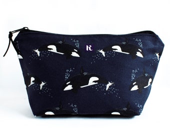 Orca Whale Makeup bag, Killer whale, Orca lover gift, Handmade, Waterproof Lining, Personalised zip pull, Gift for Her, Cosmetics Bag