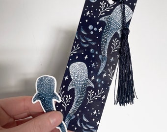 Whale Shark Bookmark & Sticker Set, Marine Life Stationery, Bookworm Gift, with or without tassel, Clear Sticker, Pretty Bookmark