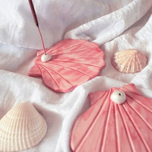 Scallop shell incense stick holder, made from air dry clay, ocean beach themed, painted with pink watercolour, varnished image 5