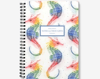 Rainbow Seahorse Personalised A5 Spiral Notebook, Sea Life Journal, Lined or Graph pages. Marine Stationery, Pretty Stationery