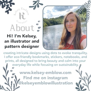 K&ouml;nnte beinhalten: Kelsey Emblow Illustration, eine Grafikdesignerin, kreiert kunstvolle Designs mit Punkten, um Ruhe zu erzeugen. Sie bietet umweltfreundliche Lesezeichen, Aufkleber, Notizb&uuml;cher und Drucke an. Ihre Website ist www.kelsey-emblow.com und ihr Instagram-Handle ist @kelseyemblowillustration.