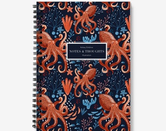 Cuaderno espiral de pulpo personalizado, diario A5, páginas forradas o gráficas, papel de origen sostenible, regalo para amantes del océano