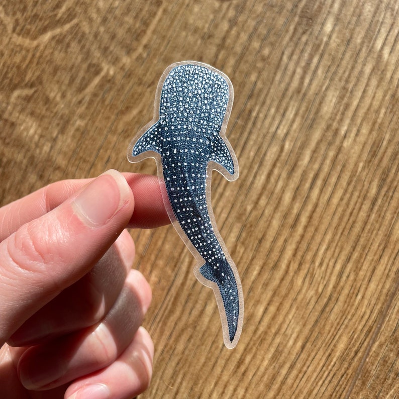 Puede incluir: Una pegatina transparente de un tibur&oacute;n ballena con un patr&oacute;n de manchas blancas y negras. La pegatina est&aacute; sobre una superficie de madera.