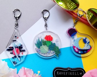 Terrarium Space Moon Rabbit Succulent Sparkle Acrylic Charm Keychains