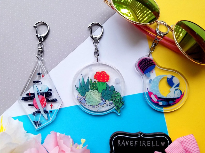 Terrarium Space Moon Rabbit Succulent Sparkle Acrylic Charm Keychains