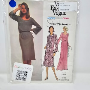 May include: A sewing pattern for a dress with a long skirt and a gathered waist. The pattern is for use with stretchy knits and is from the 70's Vogue collection. The pattern is by Stan Herman and is called "Easy Vogue".