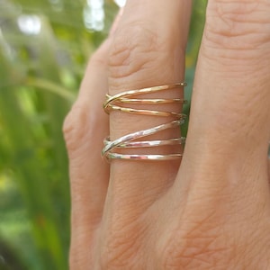 Hammered Sterling Silver Crossover Ring: Gold-Filled or Silver Triple Band