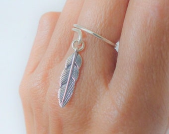 Sterling Silver Adjustable Silver Feather Ring Hammered Finish Ready to Ship