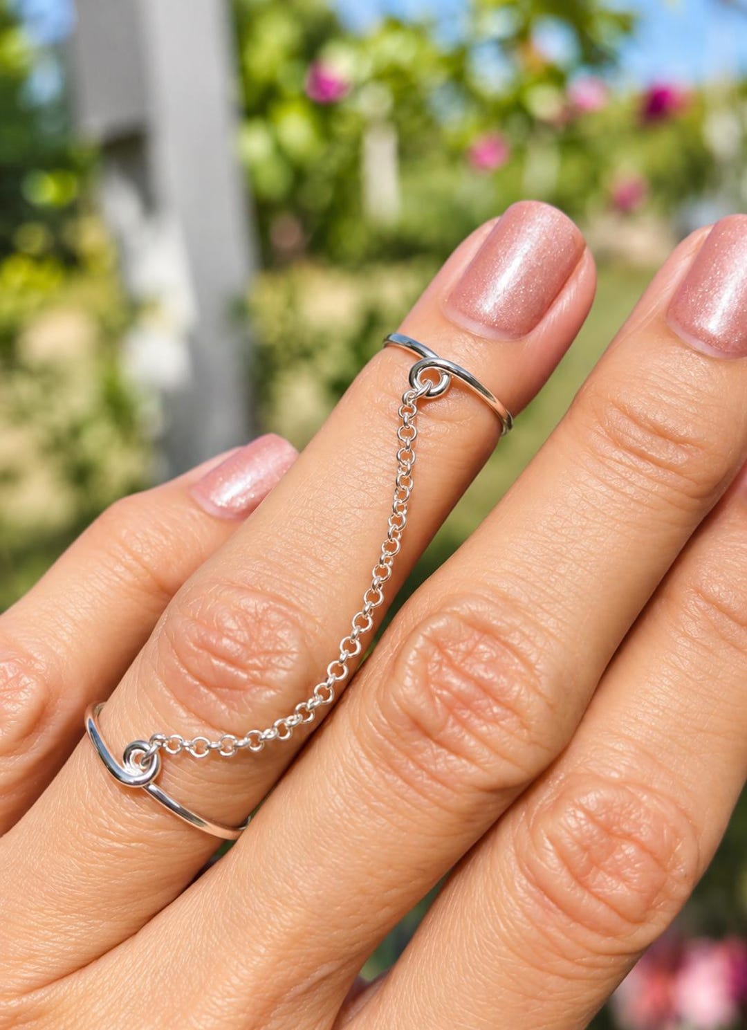 Sterling Silver Chain Double Ring, Handmade Knuckle Midi Ring - Etsy
