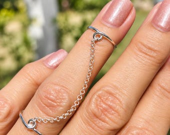 Sterling Silver Chain Double Ring, Handmade Knuckle Midi Ring - Etsy