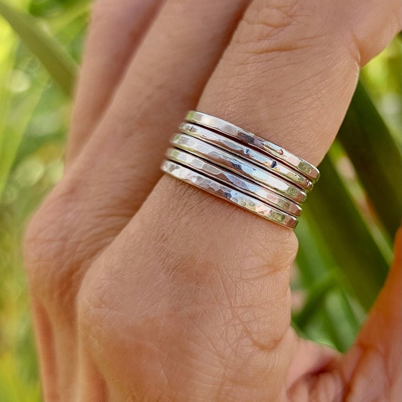 Sterling Silver Thick Textured Stackable Rings//2mm Sterling Silver Hammered Bands//Handmade Jewelry For Her image 2