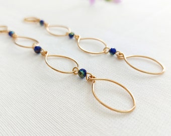 Blue Bead Earrings, Long Dangle Beaded Earrings For Women, Handmade, Gold Filled