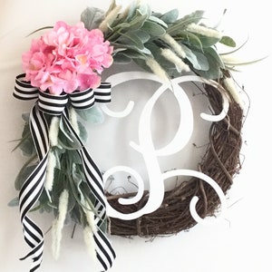 Pink Hydrangea Monogram Wreath: Lambs Ear Spring Decor