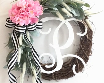 Pink Hydrangeas Wreath. Monogram Wreath. Spring Wreath. Farmhouse Wreath. Front door Wreath. Mother’s Day Wreath. Rustic Wreath.