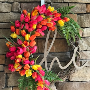 Orange/Yellow/Hot Pink Tulip Wreath/Spring Wreath/Summer Wreath/Front Door Wreath/Modern Wreath/Etsy Wreath/Spring/Summer Front Door Wreath.