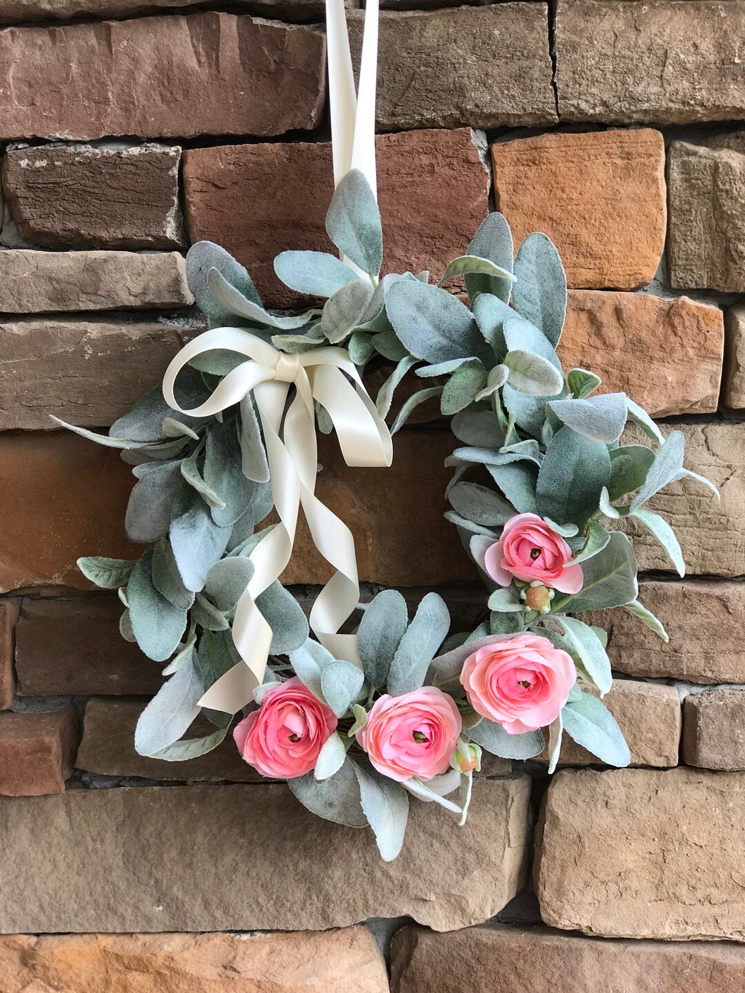 Lamb Ear Wreath. Farmhouse Wreath. Spring Wreath. Pink Ranunculus