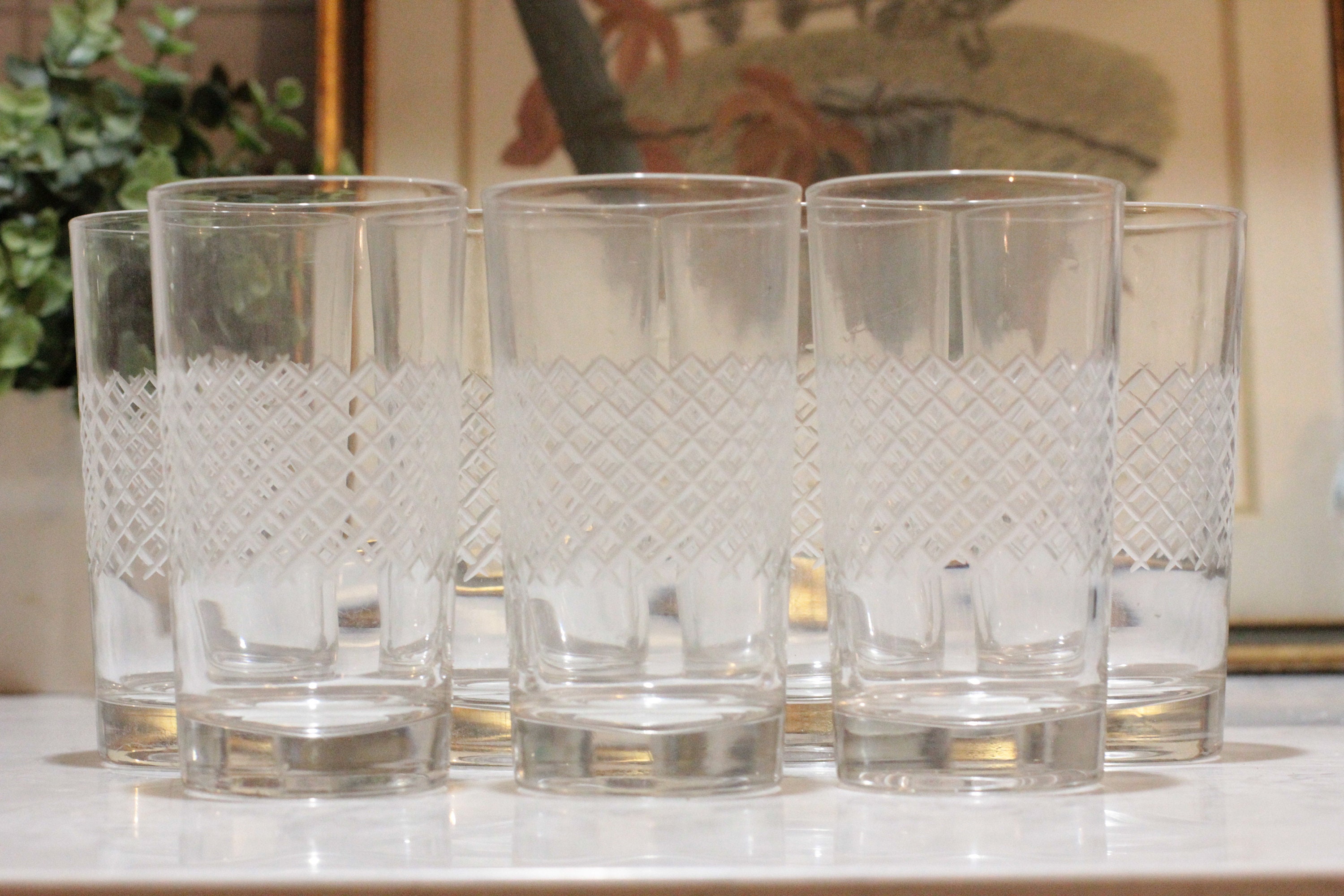 7 Clear Cross Hatch Etched Drinking Glassware Etsy