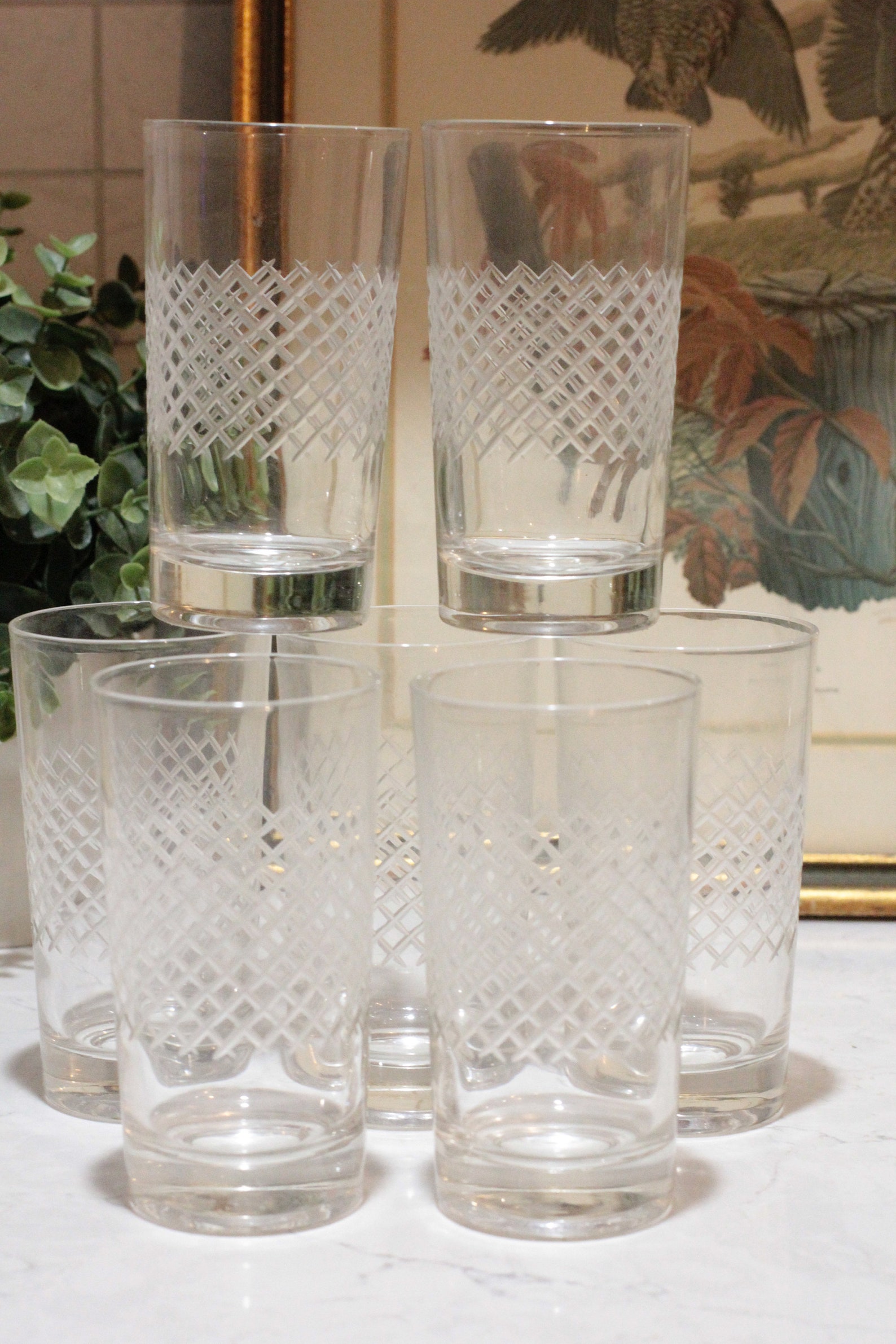 7 Clear Cross Hatch Etched Drinking Glassware Etsy