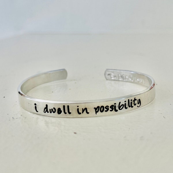 i dwell in possibility - emily dickinson -- literature lover, poet jewlery, quote cuff bracelet for adventur