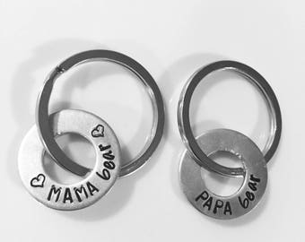 Mama bear, papa bear keychain/key ring -- washer -- gifts for him and her