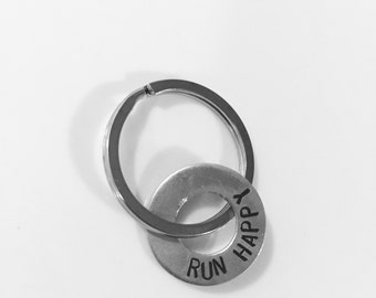 Run happy keychain/key ring -- washer -- gifts for him and her - runner, running, finisher