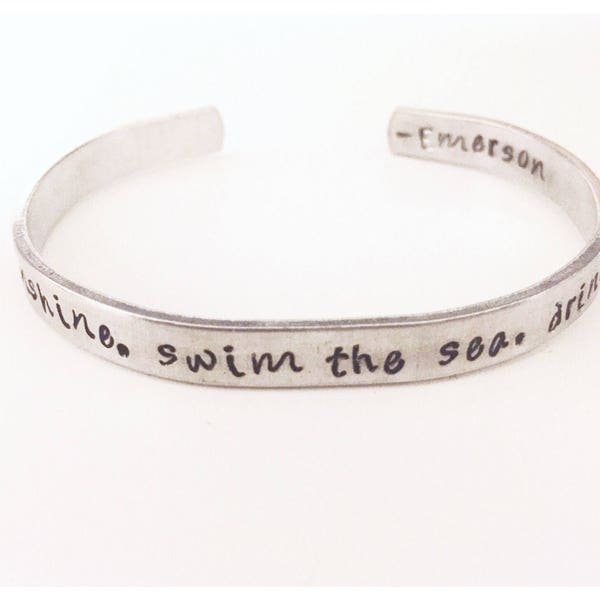 Live in the sunshine, swim the sea, drink the wild air - ralph waldo emerson -- quote cuff bracelet for adventure outdoor lover, free spirit