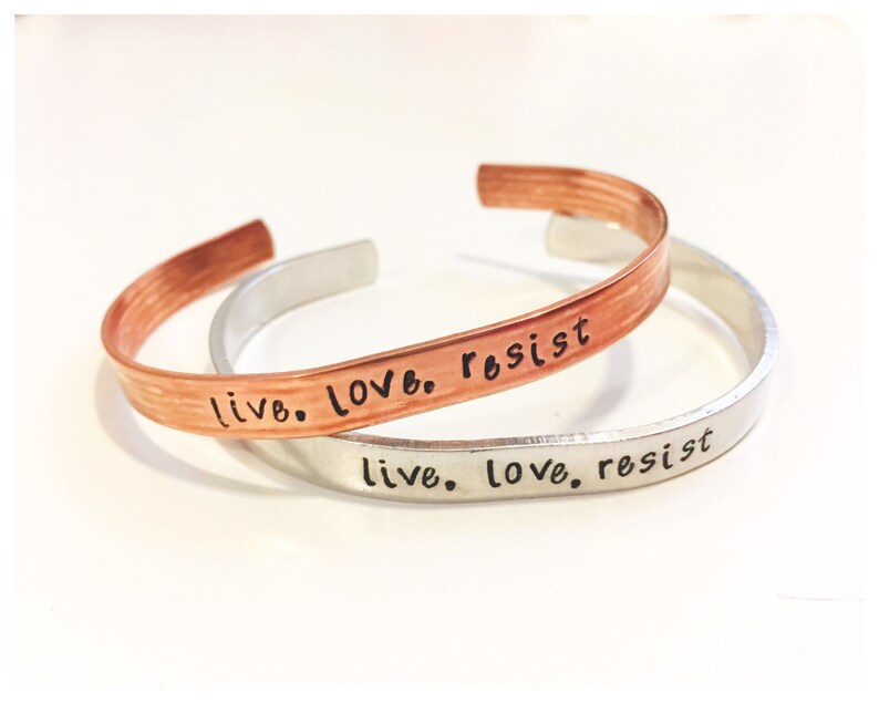 Iive, love, resist cuff bracelet womans march, nasty woman, resistance feminist jewelry image 1