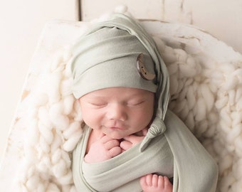 Light Sage Knotted Sleeping Hat, Photography Prop, Round, Moon, or Star button