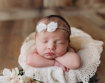 Ivory Lace and Linen Twine Tieback Headband, Photography Prop, Newborn, Toddler, Child, Adult
