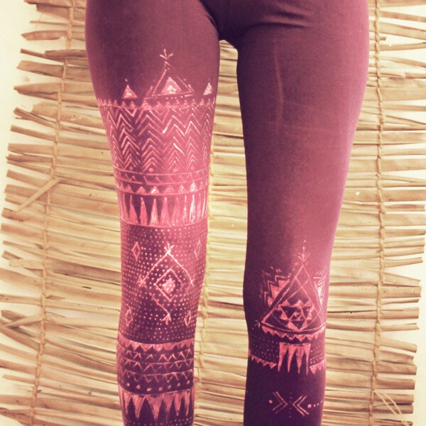 TRIBAL LEGGINS handpainted purple pink yoga boho ethnic