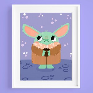 Puede incluir: Una impresión artística enmarcada que presenta un personaje de dibujos animados con orejas grandes, sosteniendo una taza marrón. El personaje es verde con un abrigo marrón y una bufanda estampada. El fondo es morado con puntos blancos.