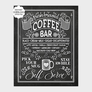 Chalkboard Coffee Bar Wall Art, Printable Kitchen Chalk Art, Coffee Print, Coffee Poster, Kitchen Print 8x10 11x14 16x20 Instant Download