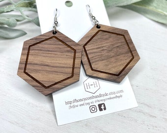 Engraved Hexagon Wood Earrings, Walnut Wood, Honeycomb Shape, Lightweight Dangles, Gift For Friend, Birthday Gift, Casual Earrings