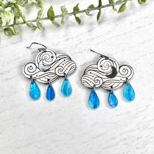 Cloud Raindrop Earrings: Laser Cut Wood with Glitter Acrylic, Lightweight Dangles