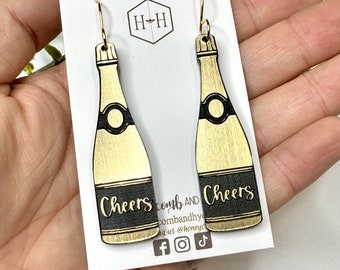 Celebration Earrings, Champagne Bottle, NYE Jewelry, Party Earrings, Gold, Lightweight Dangles, Engraved, Gift for Friend, For Her