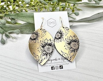 Sunflower Earrings, Gold Metallic Acrylic Earrings, Engraved Sunflowers, Lightweight, Gift for Friend, Sister, Mom