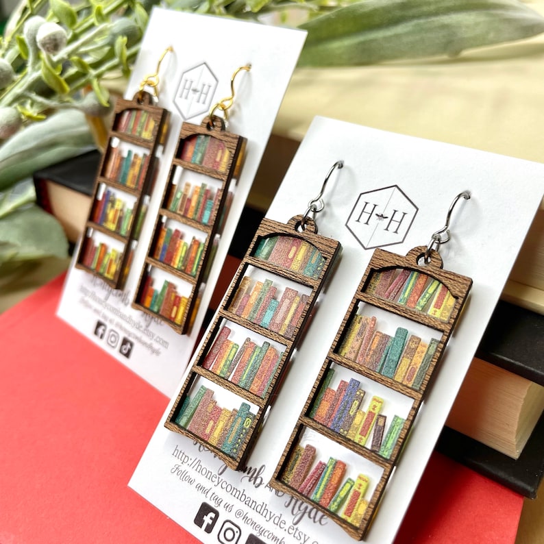 Book Lover Earrings, Book Shelf Earrings, Book Club Gifts, Gift for Bookworms, Teacher, Librarian Gift, Bookcase Earrings, Best Friend Gift image 2